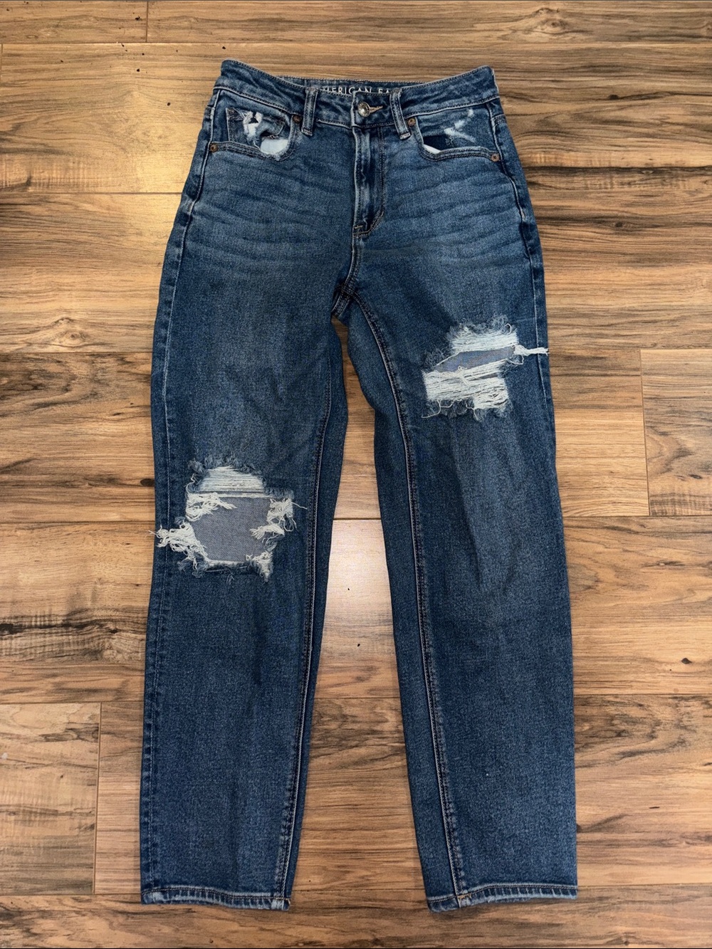 American Eagle Distressed Blue Denim Mom Jeans - Classic Straight Fit
